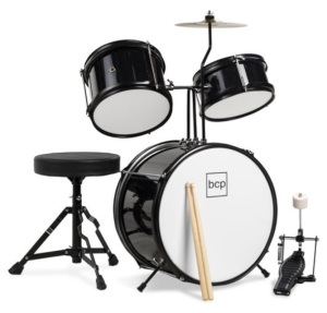 Kids Beginner 3-Piece Drum, Musical Instrument Set w/ Sticks, Stool, Pedal, Black