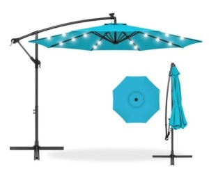 Solar LED Offset Hanging Patio Umbrella w/ Crank Tilt Adjustment - 10ft, Sky Blue