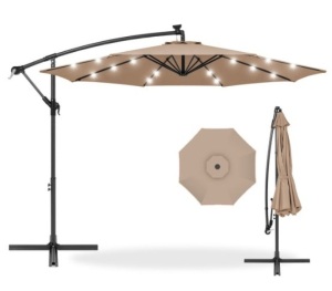 Solar LED Offset Hanging Patio Umbrella w/ Crank Tilt Adjustment - 10ft, Tan