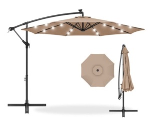 Solar LED Offset Hanging Patio Umbrella w/ Crank Tilt Adjustment - 10ft, Tan