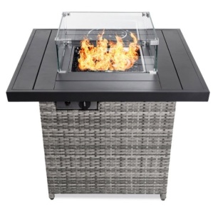 32in Fire Pit Table 50,000 BTU Wicker Propane w/ Wind Guard, Cover, Ash Gray