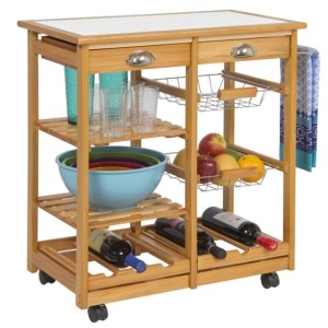 Rolling Wood Kitchen Storage Cart Dining Trolley w/ Drawers, Fruit Baskets, Wine Rack 