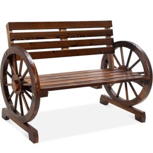 2-Person Rustic Wooden Wagon Wheel Bench w/ Slatted Seat and Backrest 