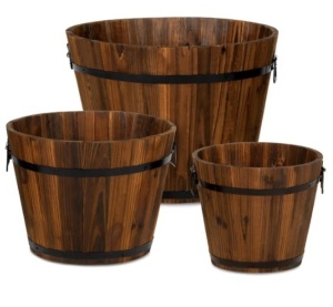 Set of 3 Rustic Wood Bucket Barrel Garden Planters Set w/ Drainage Holes, Appears New