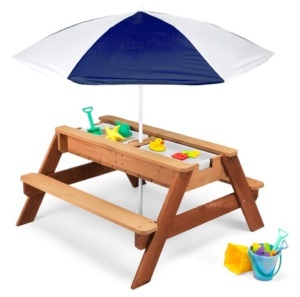 3-in-1 Kids Sand & Water Table Outdoor Wood Picnic Table w/ Umbrella, Appears New