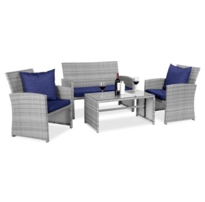 4-Piece Outdoor Wicker Conversation Patio Set w/ 4 Seats, Glass Table Top, Appears New
