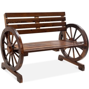 2-Person Rustic Wooden Wagon Wheel Bench w/ Slatted Seat and Backrest 