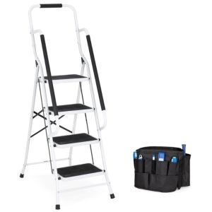 4-Step Portable Folding Ladder w/ Handrails, Attachable Tool Bag 