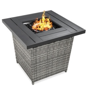 28in Fire Pit Table 50,000 BTU Wicker Propane w/ Faux Wood Tabletop, Cover, Appears New, Retail $229.99