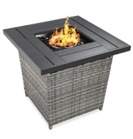 28in Fire Pit Table 50,000 BTU Wicker Propane w/ Faux Wood Tabletop, Cover, Appears New, Retail $229.99