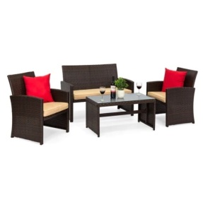 4-Piece Outdoor Wicker Conversation Patio Set w/ 4 Seats, Glass Table Top, Appears New, Box Damaged, Retail $299.99