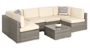 7-Piece Modular Wicker Sectional Conversation Set w/ 2 Pillows, Cover, Gray/Cream