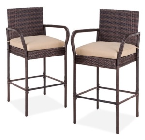 Set of 2 Indoor Outdoor Wicker Bar Stools w/ Cushion, Footrests, Armrests, Brown