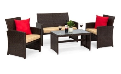 4-Piece Outdoor Wicker Conversation Patio Set w/ 4 Seats, Glass Table Top, Brown/Beige