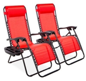 Set of 2 Adjustable Zero Gravity Patio Chair Recliners w/ Cup Holders, Crimson Red