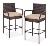 Set of 2 Indoor Outdoor Wicker Bar Stools w/ Cushion, Footrests, Armrests, Brown&nbsp;
