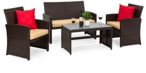 4-Piece Outdoor Wicker Conversation Patio Set w/ 4 Seats, Glass Table Top, Brown/Beige