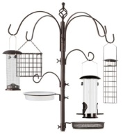 Bird Feeding Station, 6-Hook Steel Multi-Feeder Stand w/ 4 Feeders - 89in, Bronze