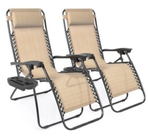 Set of 2 Adjustable Zero Gravity Patio Chair Recliners w/ Cup Holders, Sand