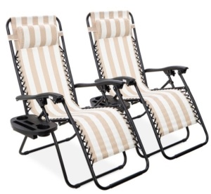 Set of 2 Adjustable Zero Gravity Patio Chair Recliners w/ Cup Holders, Tan Striped