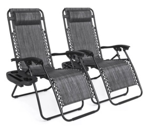 Set of 2 Adjustable Zero Gravity Patio Chair Recliners w/ Cup Holders, Gray 