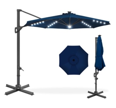 360-Degree Solar LED Cantilever Offset Patio Umbrella w/ Tilt - 10ft, Navy Blue