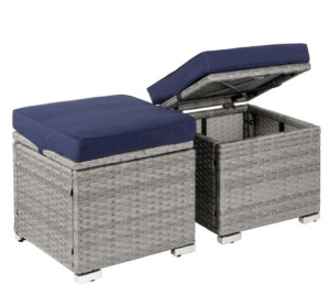 Set of 2 Wicker Ottomans, Multipurpose w/ Removable Cushions, Steel Frame, Gray/Navy