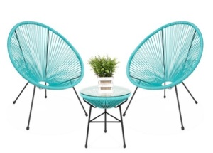 3-Piece All-Weather Patio Acapulco Bistro Set w/ Rope, Glass Top Table, Light Blue