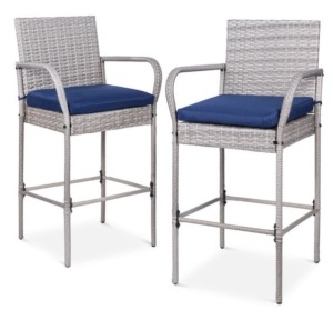 Set of 2 Indoor Outdoor Wicker Bar Stools w/ Cushion, Footrests, Armrests, Gray