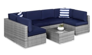 7-Piece Modular Wicker Sectional Conversation Set w/ 2 Pillows, Cover, Gray/Navy