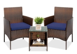 3-Piece Outdoor Patio Wicker Bistro Set w/ Side Storage Table, Brown/Navy