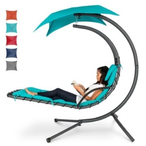 Hanging Curved Chaise Lounge Chair w/ Built-In Pillow, Removable Canopy, Blue