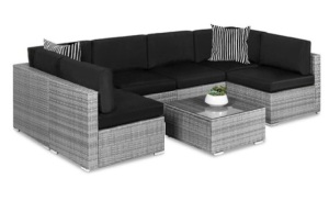 7-Piece Modular Wicker Sectional Conversation Set w/ 2 Pillows, Cover, Gray/Black