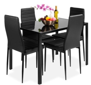 5-Piece Dining Table Set w/ Glass Top, Leather Chairs 