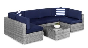 7-Piece Modular Wicker Sectional Conversation Set w/ 2 Pillows, Cover, Gray/Navy