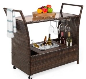 Wicker Serving Bar Cart w/ Wheels, Glass Counter, Ice Bucket