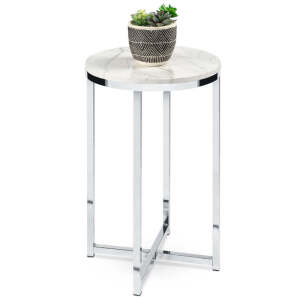 Round Coffee Side Table w/ Faux Marble Top, Metal Frame - 16in