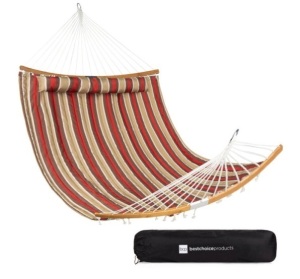 2-Person Quilted Portable Hammock w/ Curved Bamboo Spreader Bar, Carry Bag, Burgundy/Tan Stripe