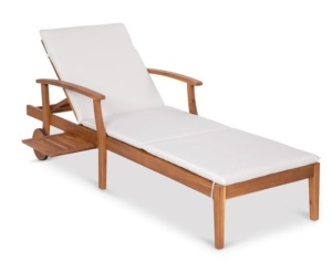 Adjustable Acacia Wood Chaise Lounge Chair w/ Side Table, Wheels - 79x26in, Cream