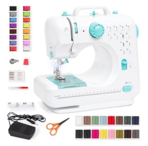 6V Portable Foot Pedal Sewing Machine w/ 12 Stitch Patterns, Teal/White