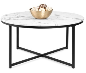 Round Coffee Table w/ Faux Marble Top, Metal Frame - 36in, Black