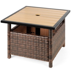 Outdoor Wicker Patio Side Table Accent Furniture w/ Umbrella Hole, Brown