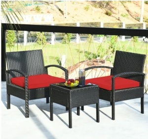 3PC Patio Rattan Furniture Set Table Conversation Sofa Cushioned Red, Appears New