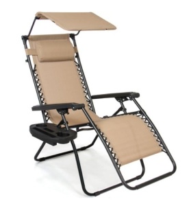 Folding Zero Gravity Recliner Patio Lounge Chair w/ Canopy, Side Tray, Beige