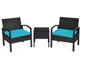 3-Piece Plastic Wicker Patio Conversation Set with CushionGuard Turquoise Cushions, Appears New, Retail $242.84