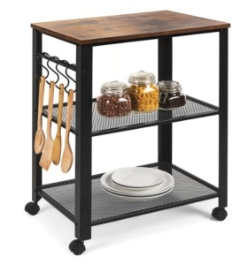 3-Tier Microwave Cart Rolling Utility Serving Cart w/ 2 Shelves, 4 Hooks