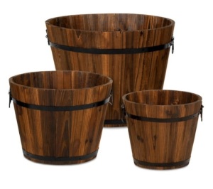 Set of 3 Rustic Wood Bucket Barrel Garden Planters Set w/ Drainage Holes