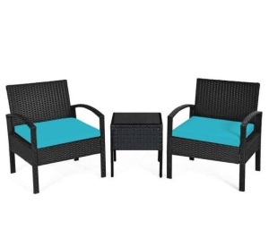 3-Piece Plastic Wicker Patio Conversation Set with CushionGuard Turquoise Cushions, Appears New, Retail $242.84