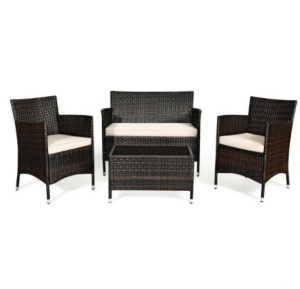 Costway 4PCS Rattan Patio Furniture Set Cushioned Sofa Chair Coffee Table Garden, Appears New, $225.99