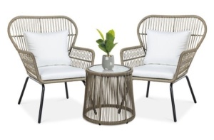 3-Piece Patio Wicker Conversation Bistro Set w/ 2 Chairs, Glass Top Table, Tan